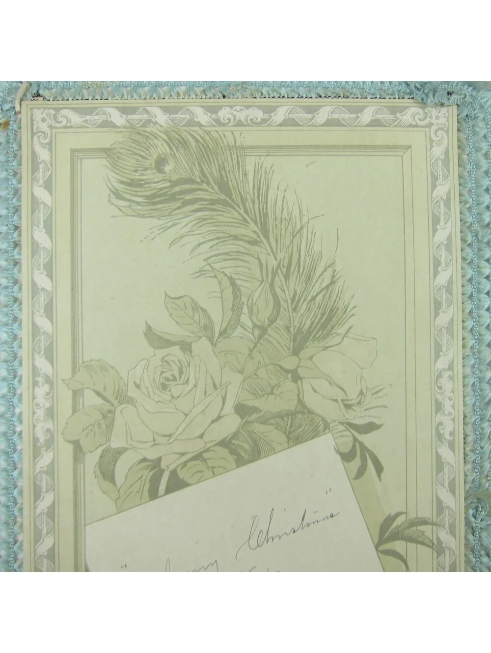 Victorian Card XL New Years Flowers Blue Silk Fringe Double Sided Antique 1886